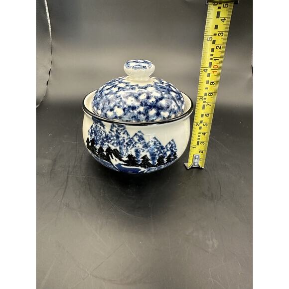 Wolf by Tienshan Folk Craft Lidded Sugar Bowl Sponge Painted Country Cabin - Picture 9 of 11